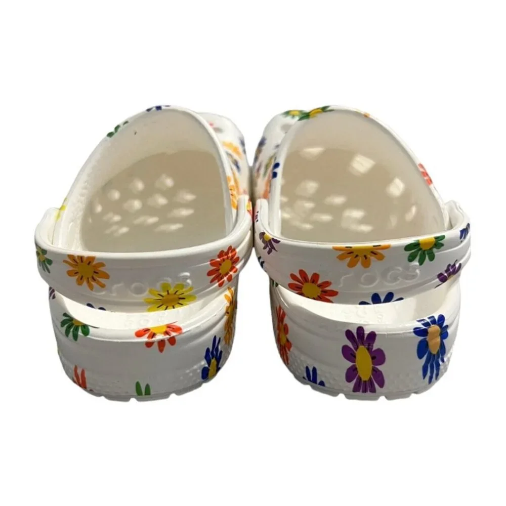 NEW Crocs C12 White Daisy Rainbow Clogs Sandals